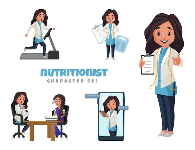 Vector ilustración de dibujos animados de conjunto de caracteres nutricionista