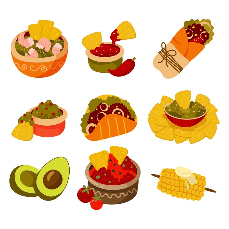 Vector ilustración de dibujos animados conjunto de comida mexicana