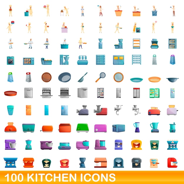 Ilustración de dibujos animados de conjunto de iconos de cocina aislado en blanco