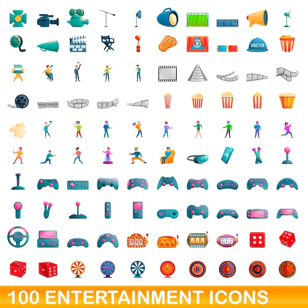 Ilustración de dibujos animados de conjunto de iconos de entretenimiento aislado en blanco