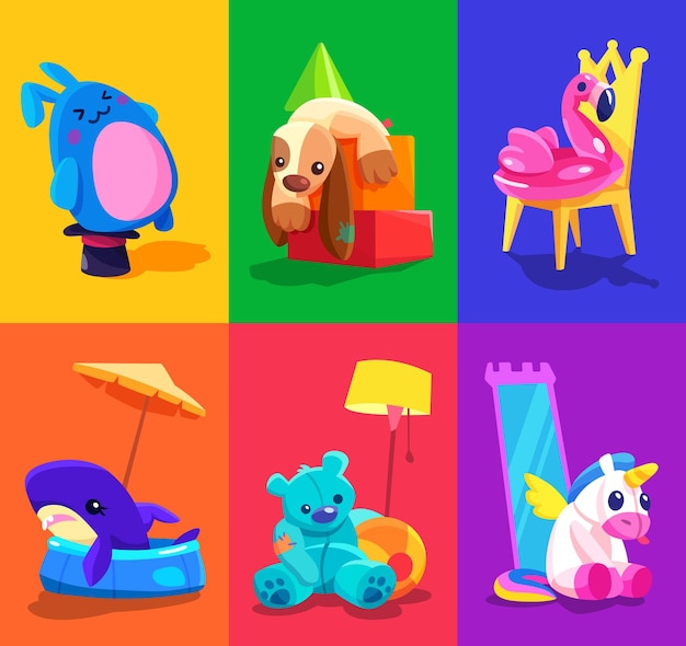 Vector una ilustración de dibujos animados de un conjunto de juguetes que incluyen un unicornio, un unicornio, un unicornio, un unicornio, un unicornio, un unicornio, un unicornio, un unicornio y un unicornio.