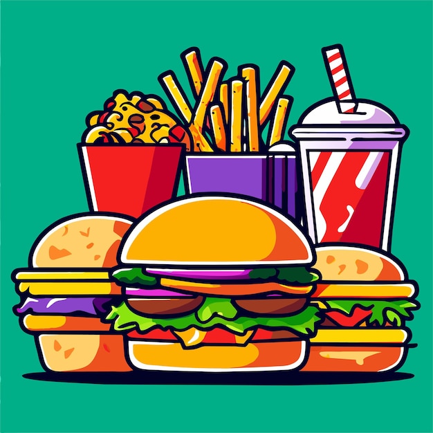 Vector ilustración de dibujos animados de un conjunto tradicional de comida rápida