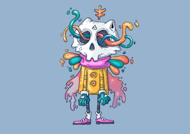 Ilustración de dibujos animados creativos. monstruo divertido con una calavera.
