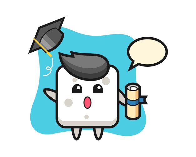 Ilustración de dibujos animados de cubo de azúcar tirando el sombrero en la graduación, estilo lindo para camiseta, pegatina, elemento de logotipo