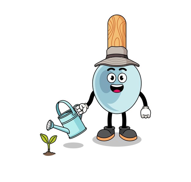 Ilustración de dibujos animados de cuchara de cocina regando la planta