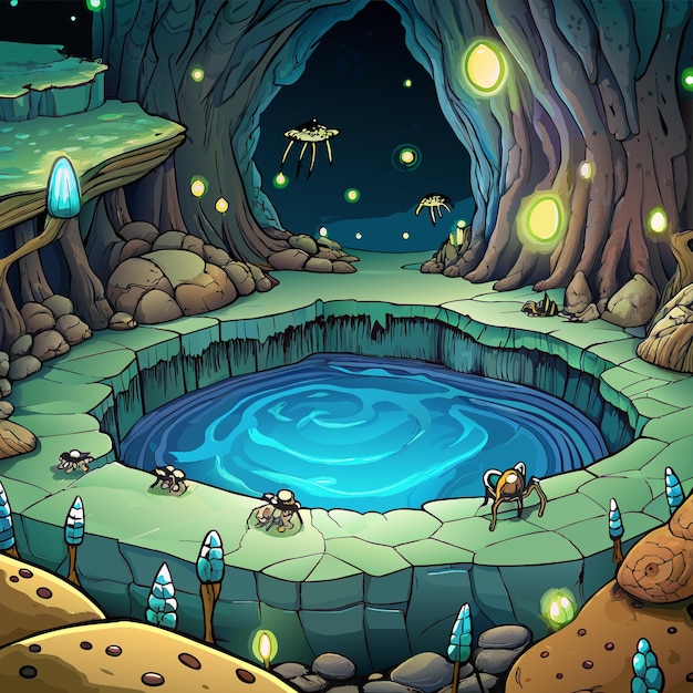 Vector una ilustración de dibujos animados de una cueva con un estanque y un túnel que dice 