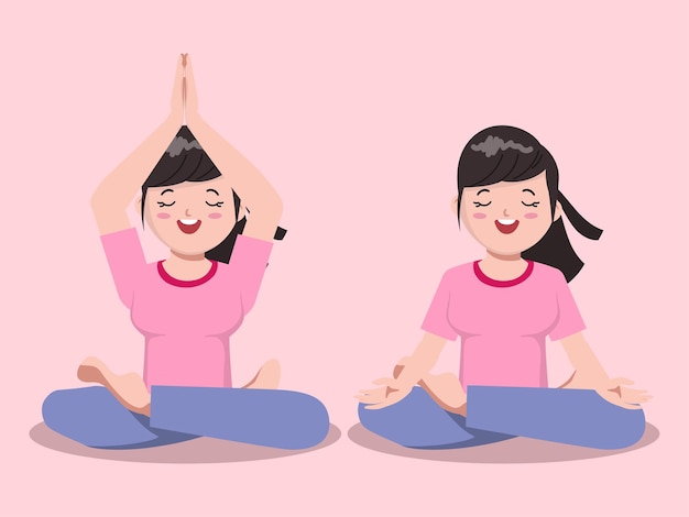 Ilustración de dibujos animados Cute Girl en pose de personaje de yoga para saludable