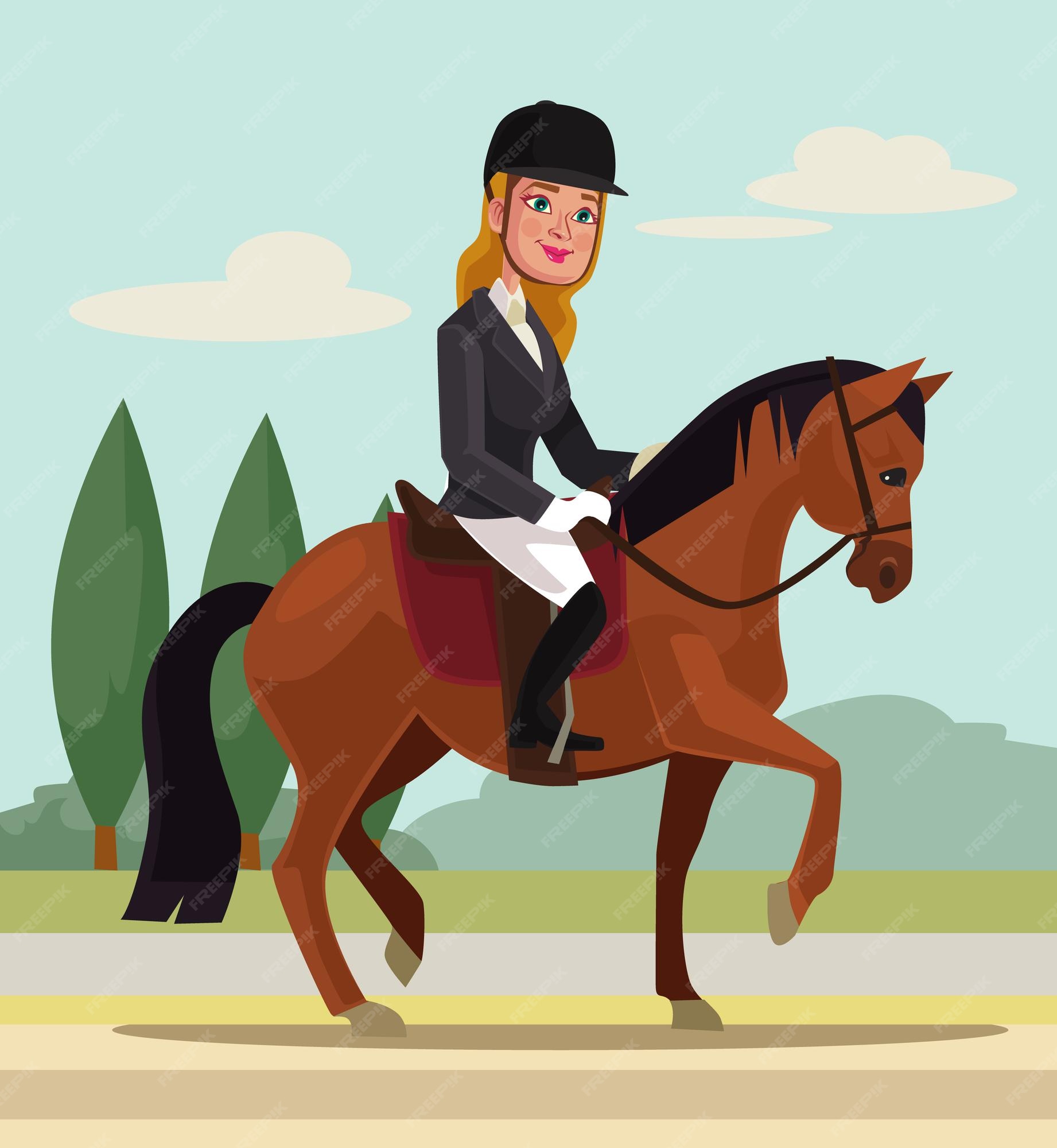 Ilustración de dibujos animados de deporte profesional de carácter de mujer  joven montando a caballo | Vector Premium