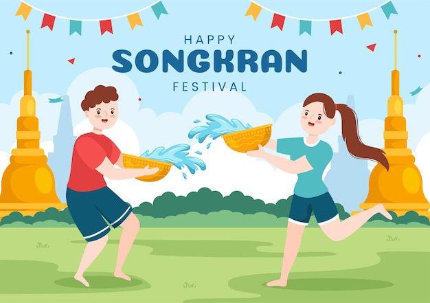 Ilustración de dibujos animados dibujados a mano del día del festival songkran jugando pistola de agua en la celebración de tailandia