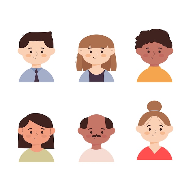 Ilustración de dibujos animados de diferentes personas con expresiones faciales sonrientes.