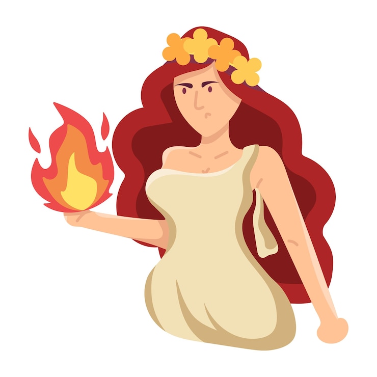 Vector una ilustración de dibujos animados de una diosa griega sosteniendo un fuego ardiente.