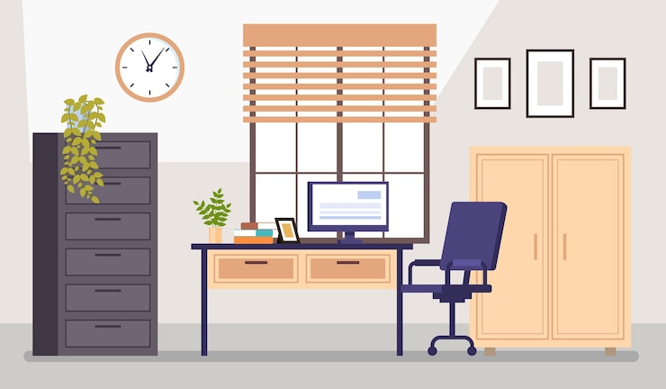 Vector ilustración de dibujos animados de diseño gráfico plano de concepto interior de muebles de estación de trabajo de oficina