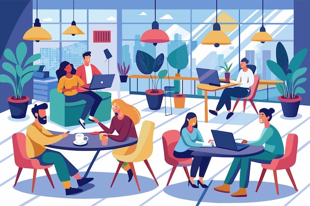 Una ilustración de dibujos animados de diversos empleados de oficina que colaboran usando computadoras portátiles y disfrutan de descansos para tomar café en una oficina moderna y luminosa.