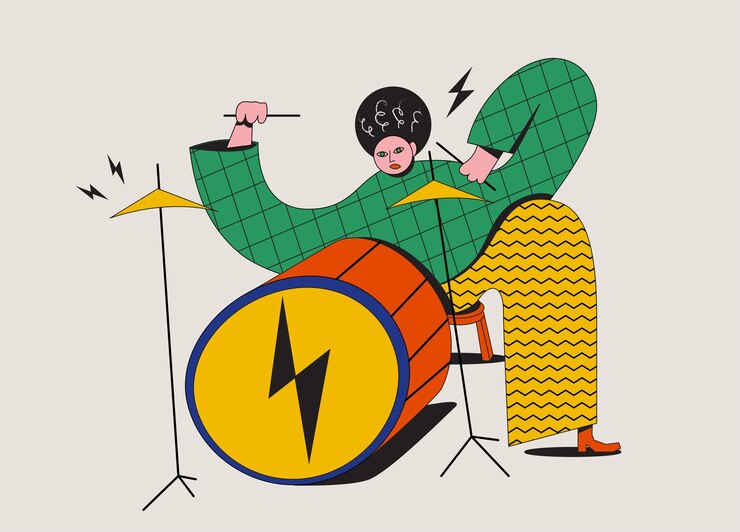 Ilustración de dibujos animados divertidos del baterista con el personaje tocando la batería. Aislado sobre fondo blanco. Ilustración vectorial eps 10