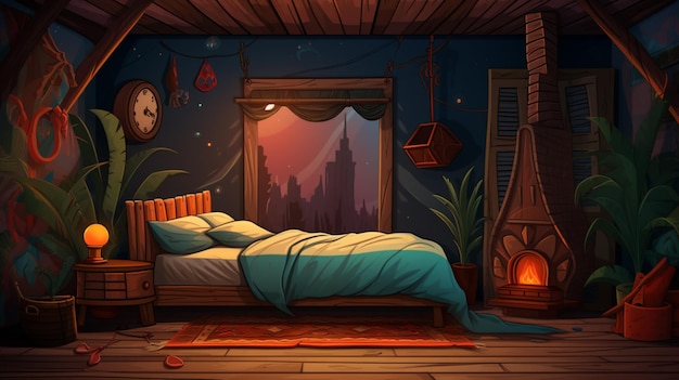 Vector una ilustración de dibujos animados de un dormitorio con una cama y una chimenea