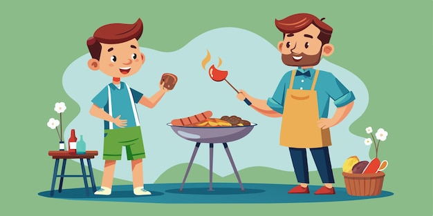 una ilustración de dibujos animados de dos hombres cocinando comida en una imagen