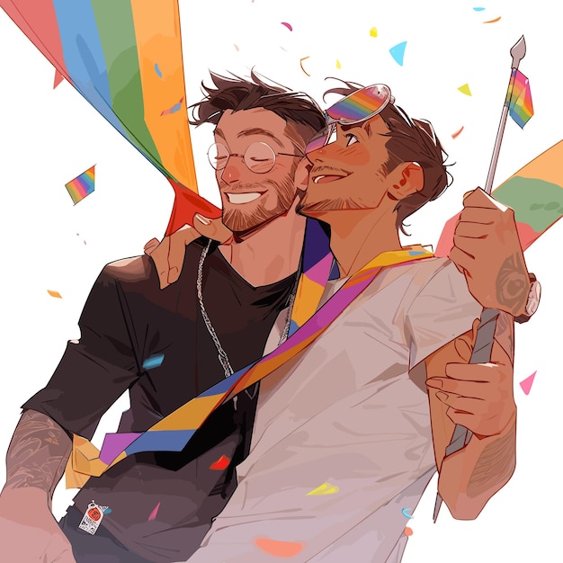 Vector una ilustración de dibujos animados de dos hombres homosexuales en el desfile del orgullo lgbt ai generó el concepto de bandera de derechos lgbt