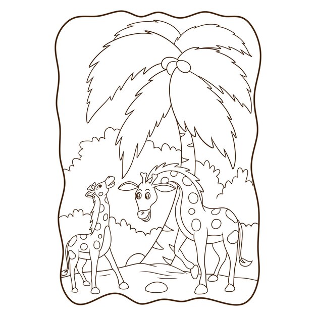 Ilustración de dibujos animados dos jirafas jugando en el libro del bosque o página para niños en blanco y negro