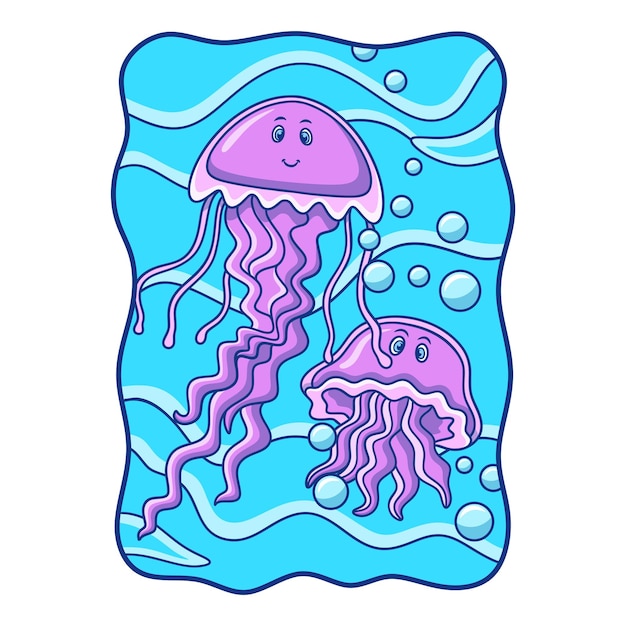 Ilustración de dibujos animados dos medusas están nadando en el mar con grandes olas