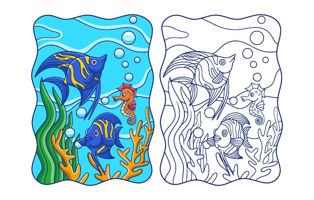 Ilustración de dibujos animados dos peces ángel están nadando alrededor del arrecife de coral en medio del mar con un libro o página de caballitos de mar para niños