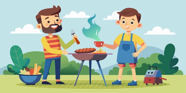 una ilustración de dibujos animados de dos personas cocinando una barbacoa