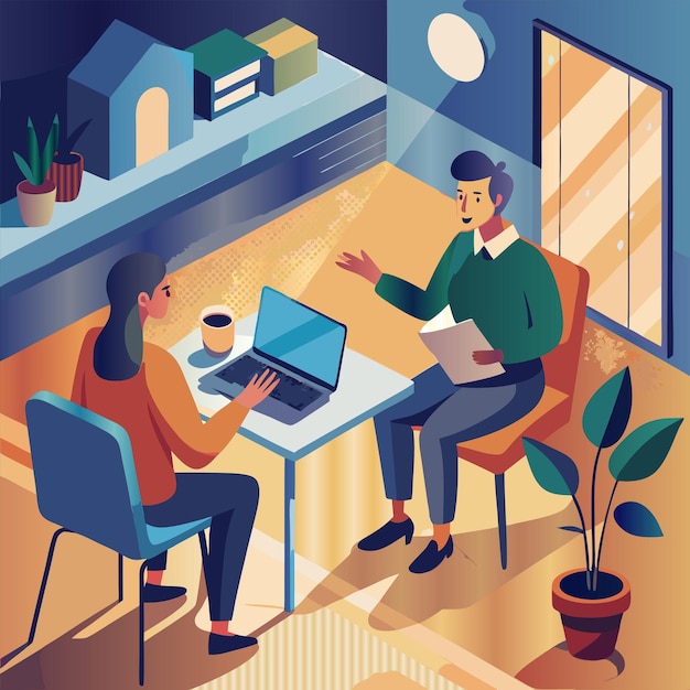 una ilustración de dibujos animados de dos personas trabajando en una computadora