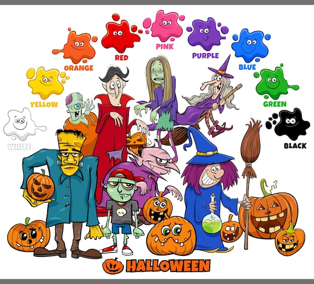 Ilustración de dibujos animados educativos de colores básicos con personajes de vacaciones de Halloween