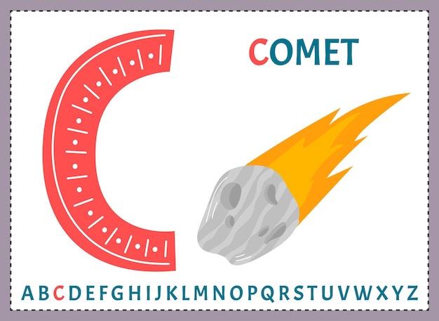 Ilustración de dibujos animados educativos de la letra c del alfabeto con cometa