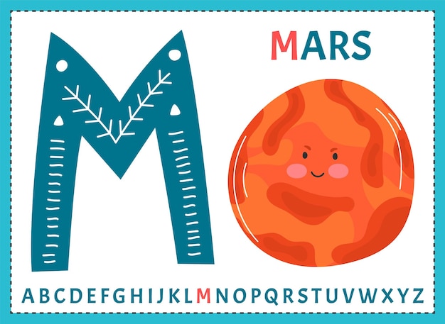 Ilustración de dibujos animados educativos de la letra M del alfabeto con el carácter del planeta Marte