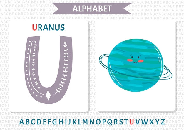Ilustración de dibujos animados educativos de la letra u del alfabeto con carácter de planeta urano