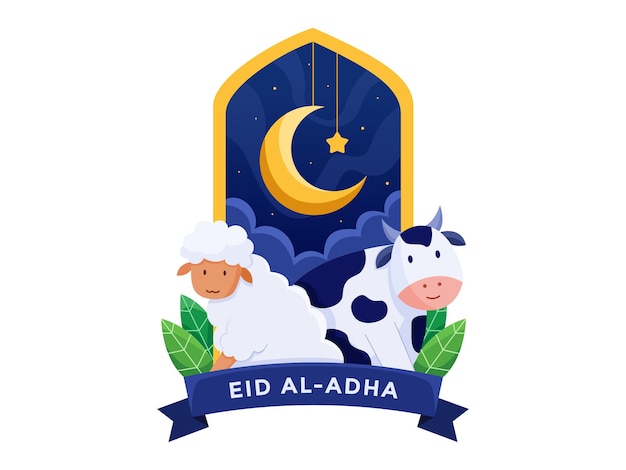 Ilustración de dibujos animados de Eid Al Adha con lindas ovejas y vacas