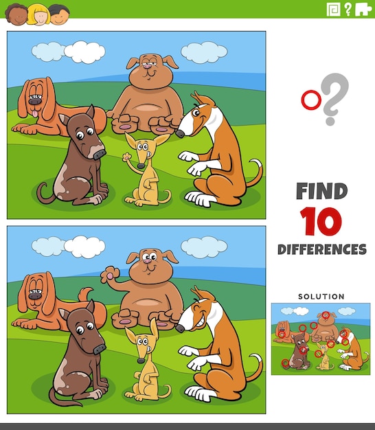 Ilustración de dibujos animados de encontrar las diferencias entre imágenes juego educativo con perros grupo de personajes de animales cómicos