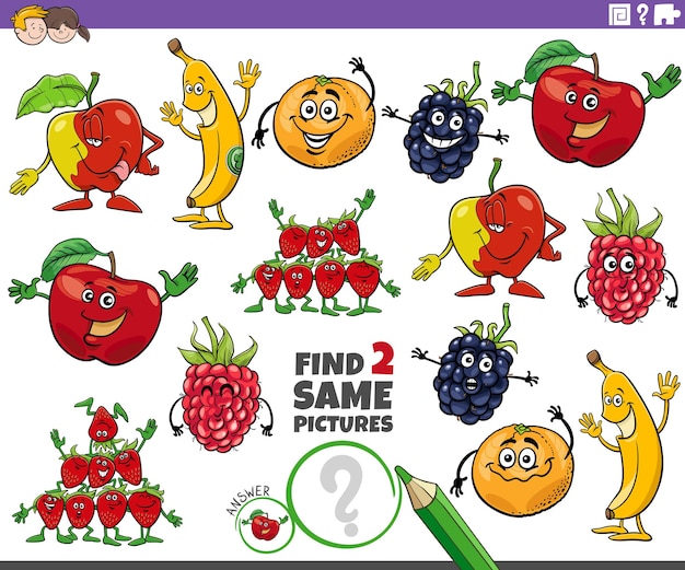 Ilustración de dibujos animados de encontrar dos imágenes iguales actividad educativa con personajes de frutas