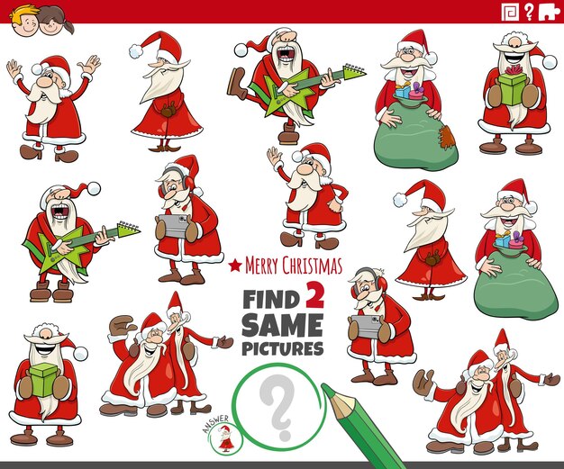 Ilustración de dibujos animados de encontrar dos imágenes iguales actividad educativa con personajes de Papá Noel