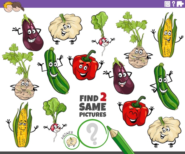 Ilustración de dibujos animados de encontrar dos imágenes iguales actividad educativa con personajes vegetales