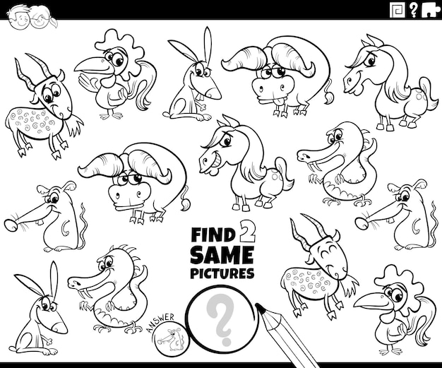 Ilustración de dibujos animados de encontrar dos imágenes iguales juego con personajes animales página para colorear