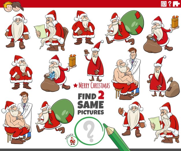 Ilustración de dibujos animados de encontrar dos imágenes iguales juego con personajes de Navidad de Papá Noel