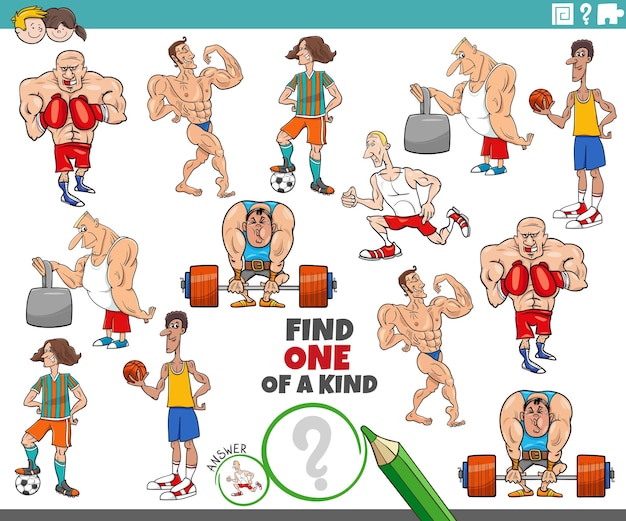 Ilustración de dibujos animados de encontrar uno de un tipo de juego educativo de imágenes con personajes de atletas