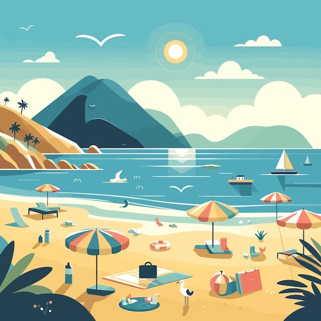 Vector una ilustración de dibujos animados de una escena de playa con una cena de playa y una escena de praia