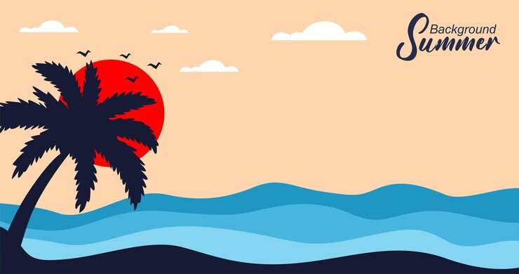una ilustración de dibujos animados de una escena de playa con una estrella roja y un sol rojo en el cielo