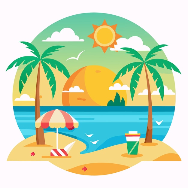 Una ilustración de dibujos animados de una escena de playa con palmeras un paraguas y una silla de playa