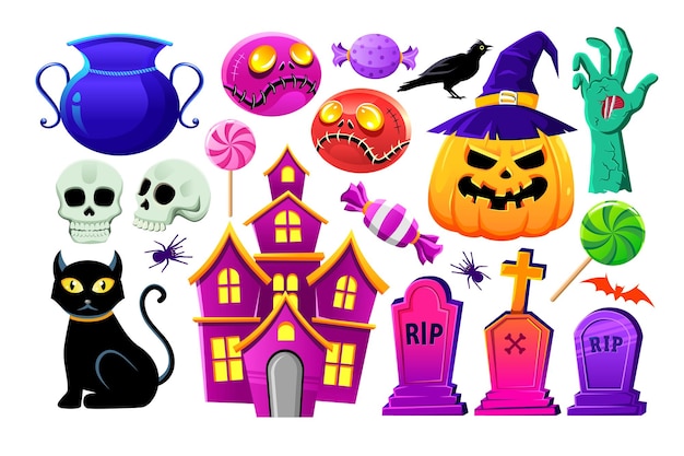 Ilustración de dibujos animados espeluznantes de feliz halloween diseño gráfico para la decoración de carteles y volantes de certificados de regalo