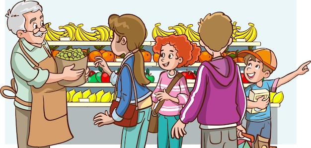 Ilustración de dibujos animados de una familia de compras en un supermercado o tienda de comestibles