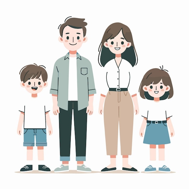una ilustración de dibujos animados de una familia feliz de cuatro personas de pie juntas y posando para un retrato