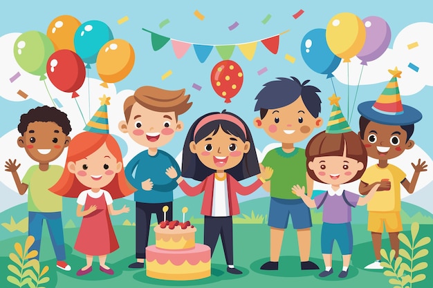 Vector ilustración de dibujos animados de una familia con un pastel y globos