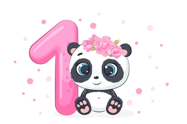 Ilustración de dibujos animados "Feliz cumpleaños, 1 año", linda chica panda. Ilustración vectorial.