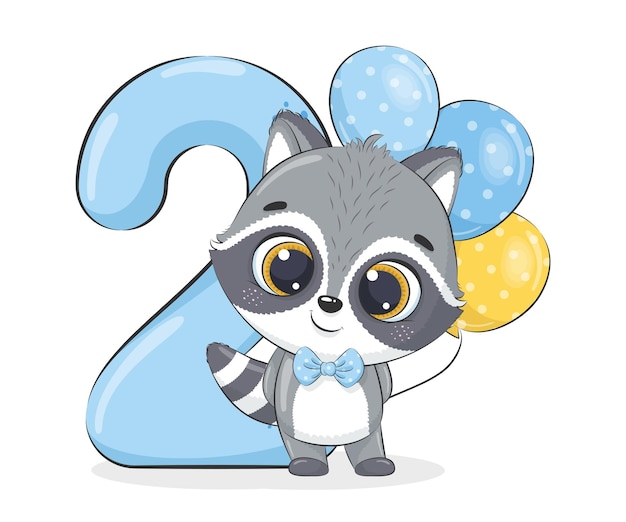 Ilustración de dibujos animados "Feliz cumpleaños, 2 años", mapache lindo. Ilustración vectorial.