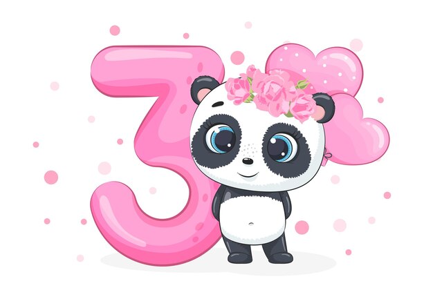 Ilustración de dibujos animados "Feliz cumpleaños, 3 años", linda chica panda. Ilustración vectorial.