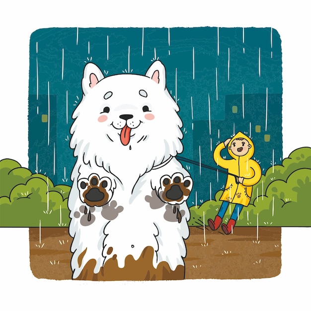 Ilustración de dibujos animados feliz perro sucio caminando bajo la lluvia