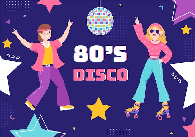 Vector ilustración de dibujos animados de la fiesta de los 80 con música retro de 1980 y algunas personas bailando discoteca en estilo antiguo